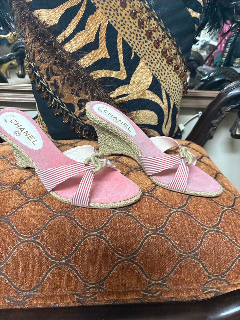 CHANEL Pink Striped Espadrille Knot Wedge Sandals